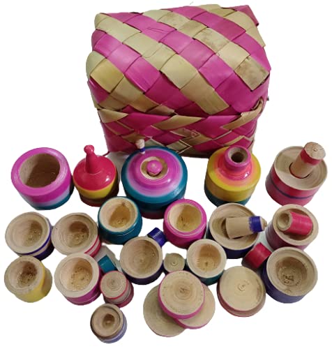 Thenkumari Traditional Wood Eco Friendly Wooden Kids Toy Kitchen Set 32 Pieces a Beautiful Palm Leaf Box Set