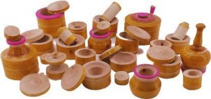 Thenkumari Wooden Kitchen Play Set for Kids, Traditional Choppu Jaman Set (32 Pieces Brown)