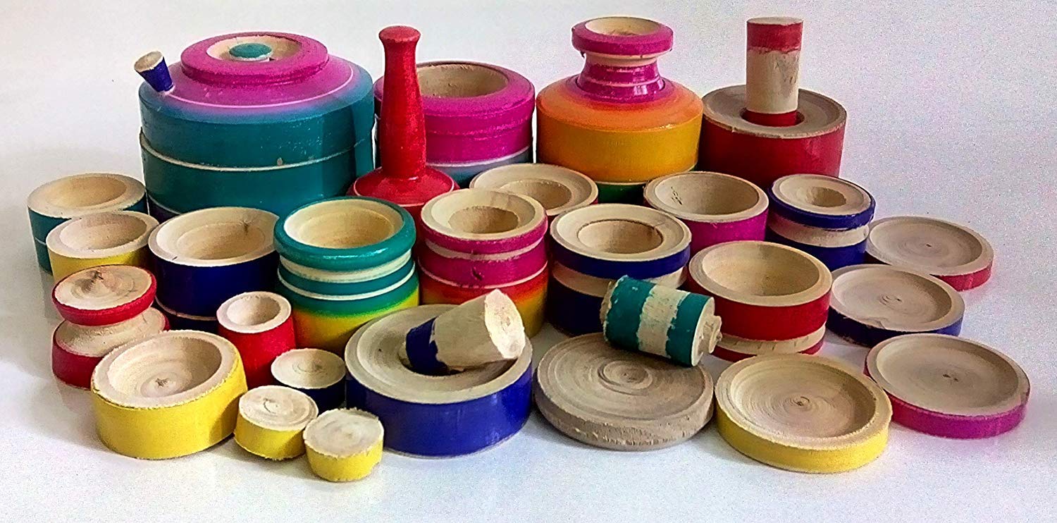 Thenkumari Wood Eco Friendly Wooden Kids Toy Kitchen Set/Choppu Jaman Multicolour 32 Pcs