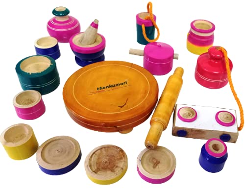 Thenkumari Traditional Wood eco Friendly Wooden Kids Toy Kitchen Set/choppu Jaman Multicolour and Kids Gas Stove with Cylinder and Chakla Belan Combo