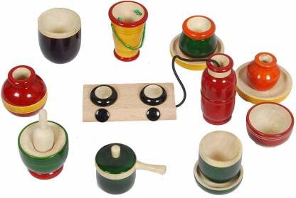Thenkumari Beautiful Traditional Kids Kitchen Wooden Set with Gas Stove with Cylinder Color May Slightly Vary