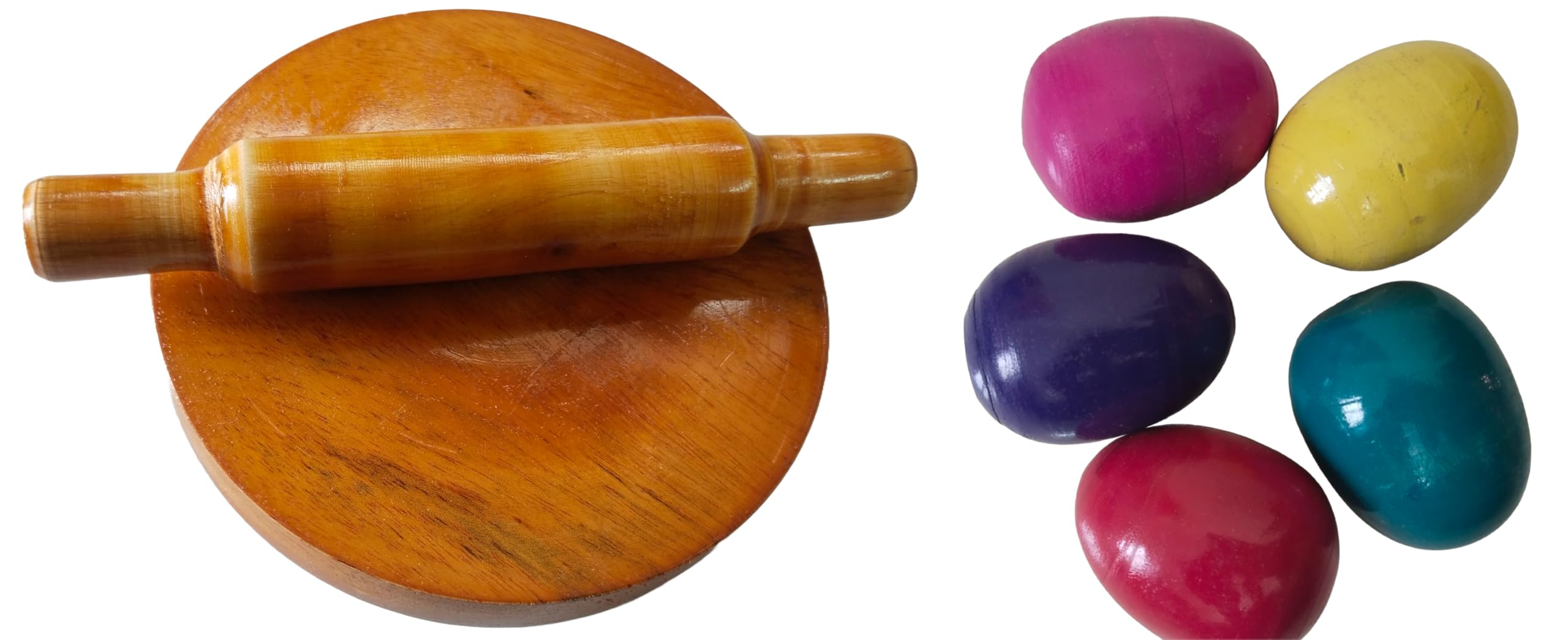 Thenkumari Wooden Chakla Belan Set + 5 Wooden Play Eggs for Kids - Pretend Play Kitchen Toys