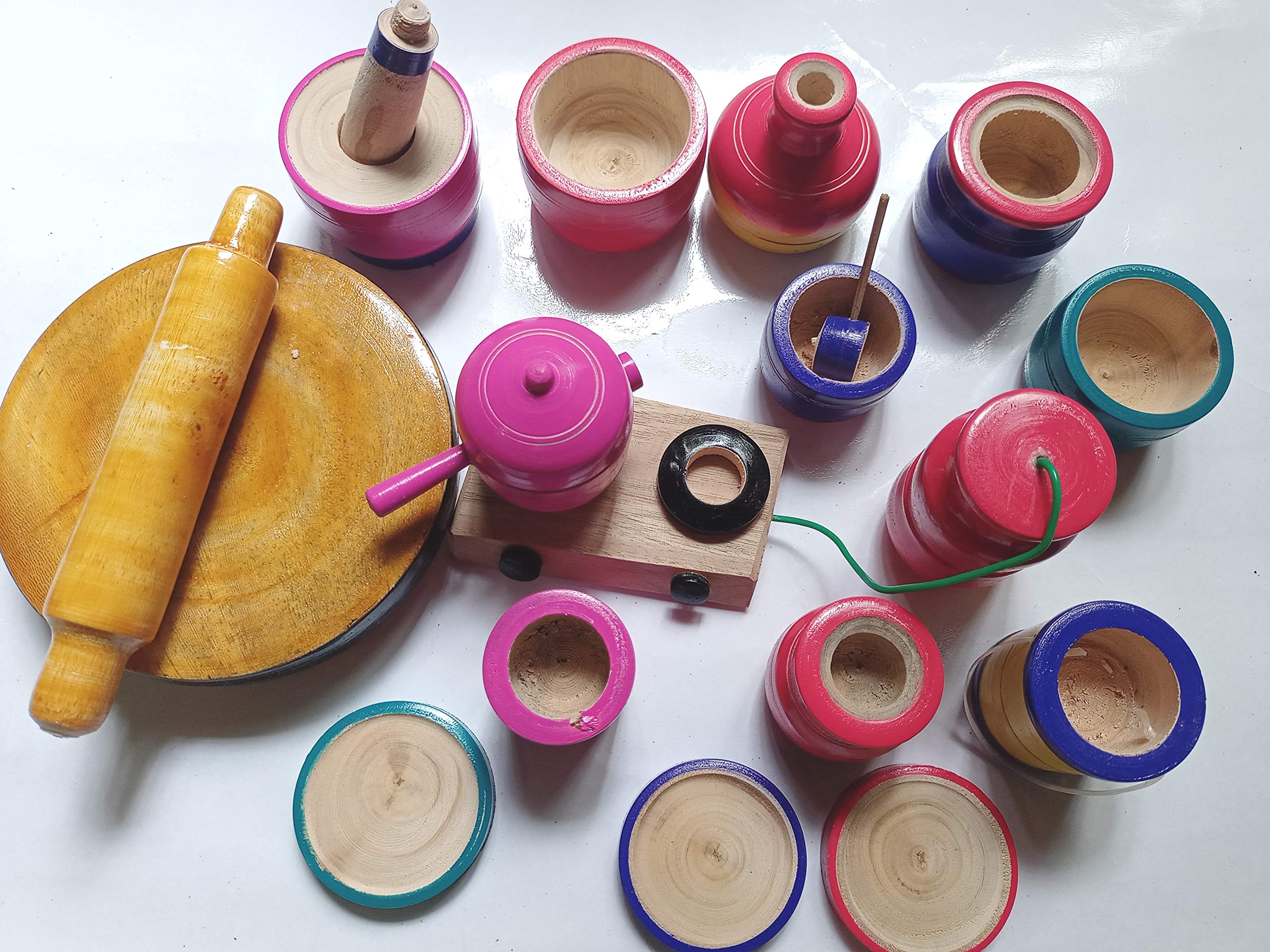 Chennapattana Wood Eco Friendly Wooden Kids Toy Kitchen Set/Choppu Jaman Made in India Kids Gas Stove with Cylinder Combo-Multi Color