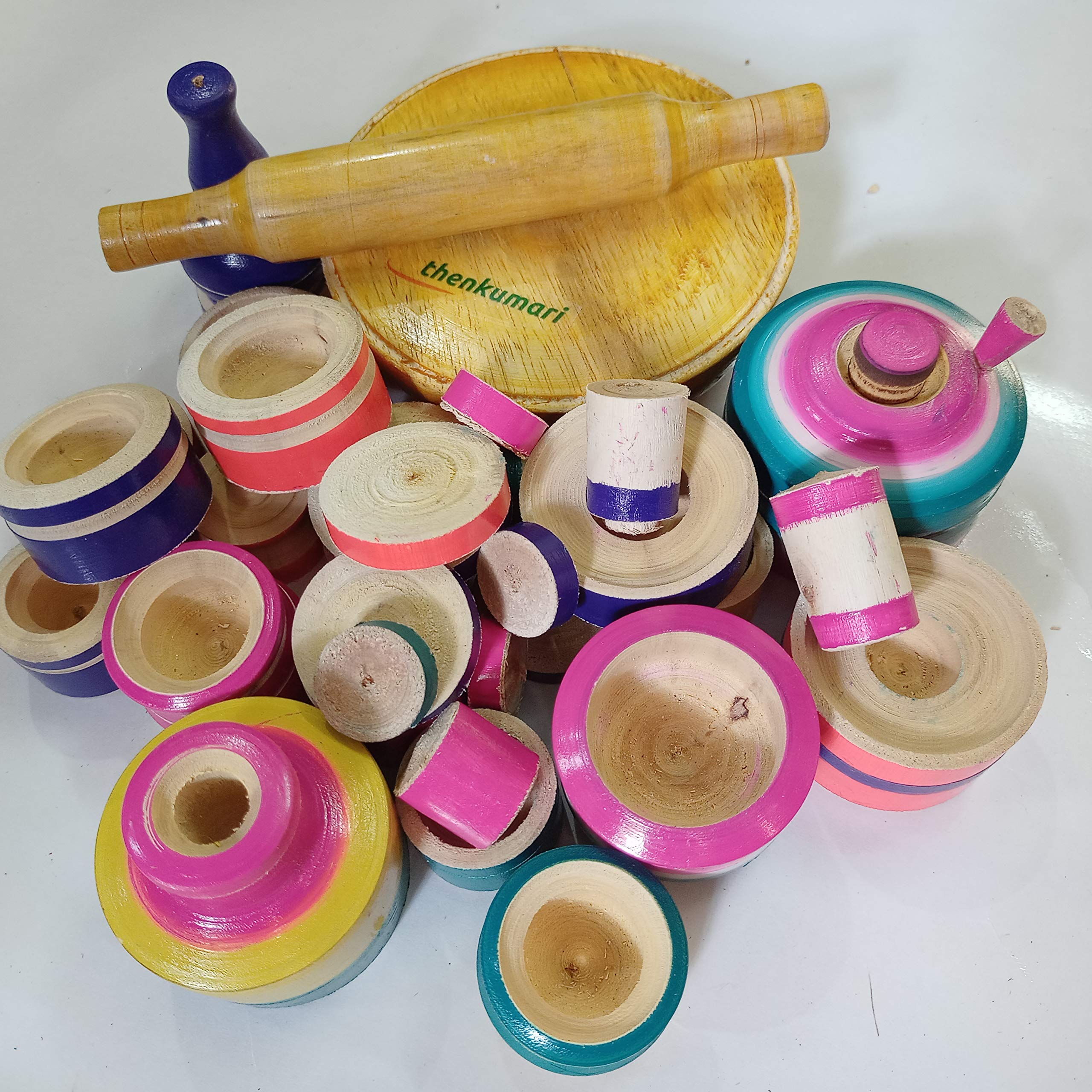thenkumari wood eco friendly wooden kids toy kitchen set (Multi color) / choppu jaman and kids chakla belan combo